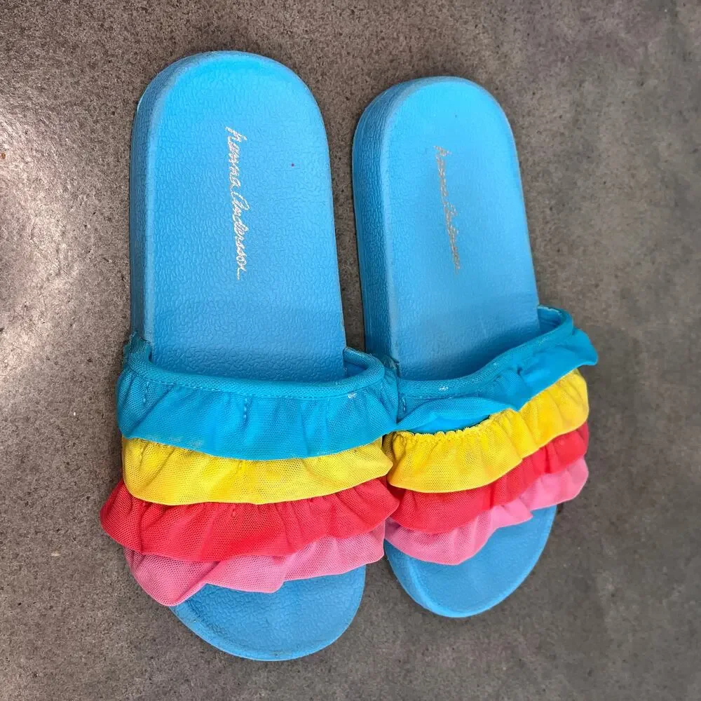 Hanna Andersson rainbow ruffle blue slides sandals girls size 2